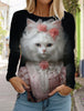 2024 Autumn and Winter Women's Long Sleeve 3D Printed Kitten Cute Print T-Shirt Women's Streetwear Round Neck Long Sleeve