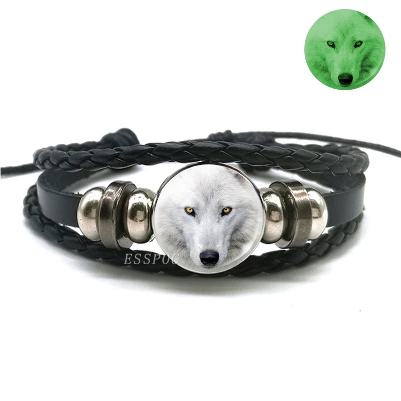 Glow In The Dark Wolf Head Bracelet Multilayer Leather Bracelet Charm Women Men Fashion Luminous Bracelets Wolf Jewelry