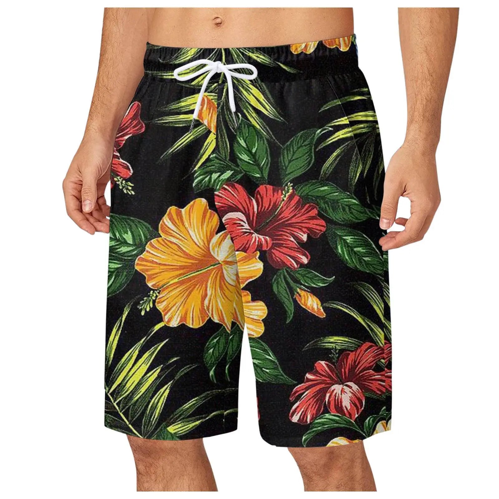 Men's Leaf Printed Sports Shorts Boys Summer Cool Hawaiian 3D Printed Casual Swim Trunks Drawstring Surfboard Shorts