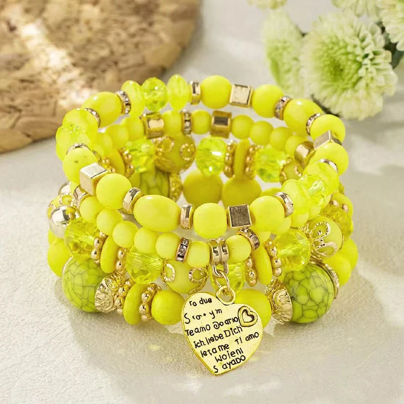 4Pcs/Set Bohemian Style Crystal Glass Love Heart Multi-Layer Stacking Elastic Bracelet For Women Daily Wear Jewelry Gift