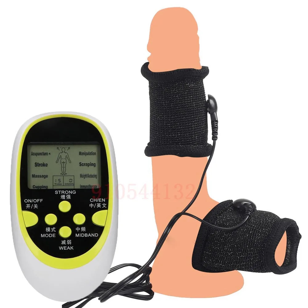 BDSM Electro Shock Conductive Fiber Penis Sleeve E-stim Scrotum Rings Electric Play Cock Therapy Enlargement Male Sex Products