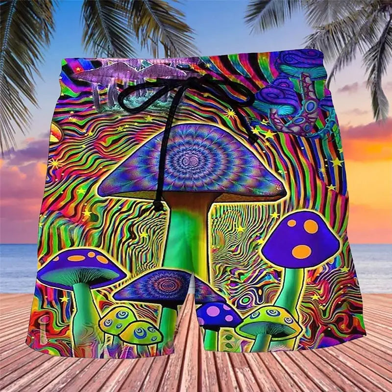 3D mushroom print men's casual shorts Tropical summer vitality style fashion shorts, quick-drying and comfortable close-fitting
