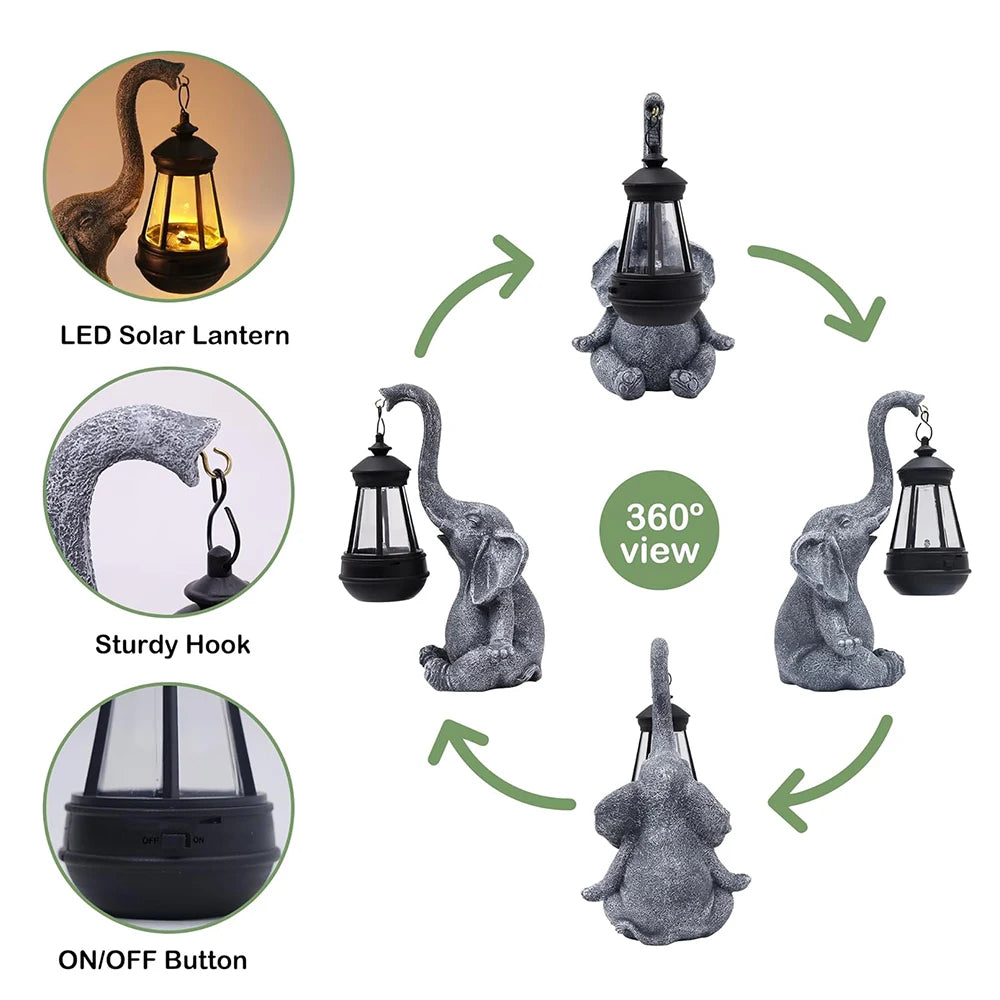 1 PC Elephant Solar Garden Statues, Resin Elephant Figurine Decorations with Solar Lights Lantern, Outdoor Elephant Decor Art fo