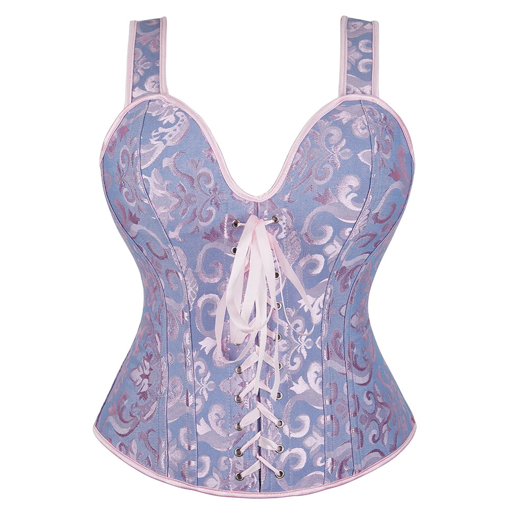 Steampunk Straps Overbust Corset With Cup Zipper Sexy Jacquard Floral Corset Waist Cincher Bustier Lingerie Top Plus Size