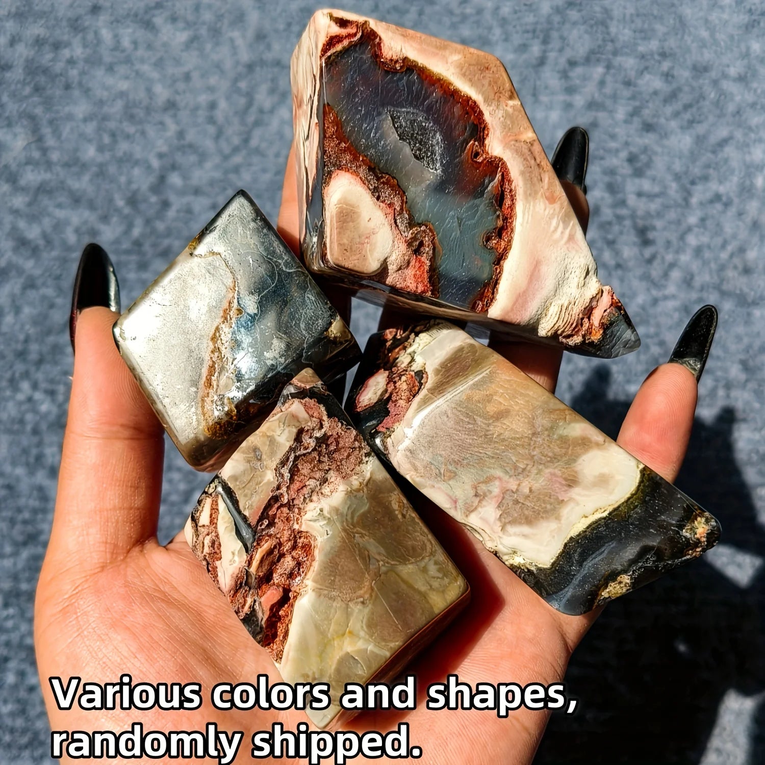 1pc Fluorescent Volcanic Agate Palm Specimen, UV Reactive Red & Green, Freeform Crystal with Black Spots, Home Decor