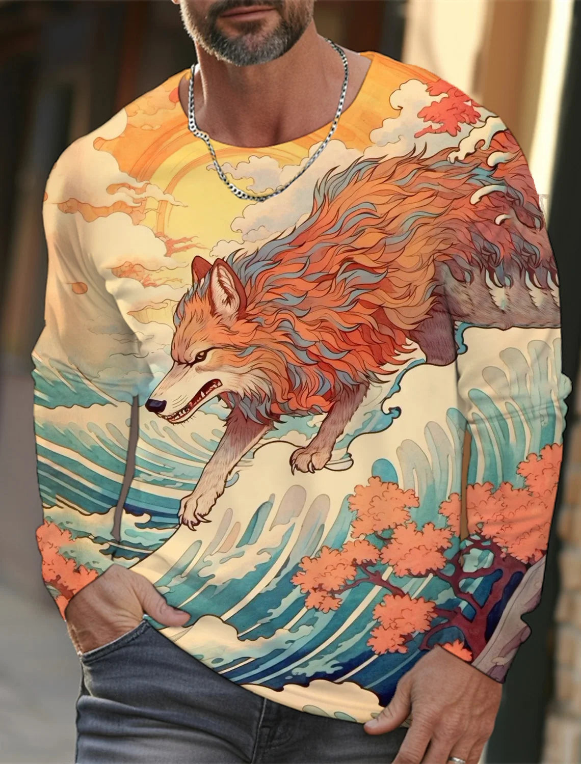 2024 new men's Ukiyoe long-sleeved T-shirt 3d printed high-definition wolf print men's autumn top casual round neck T-shirt