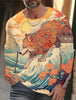 2024 new men's Ukiyoe long-sleeved T-shirt 3d printed high-definition wolf print men's autumn top casual round neck T-shirt