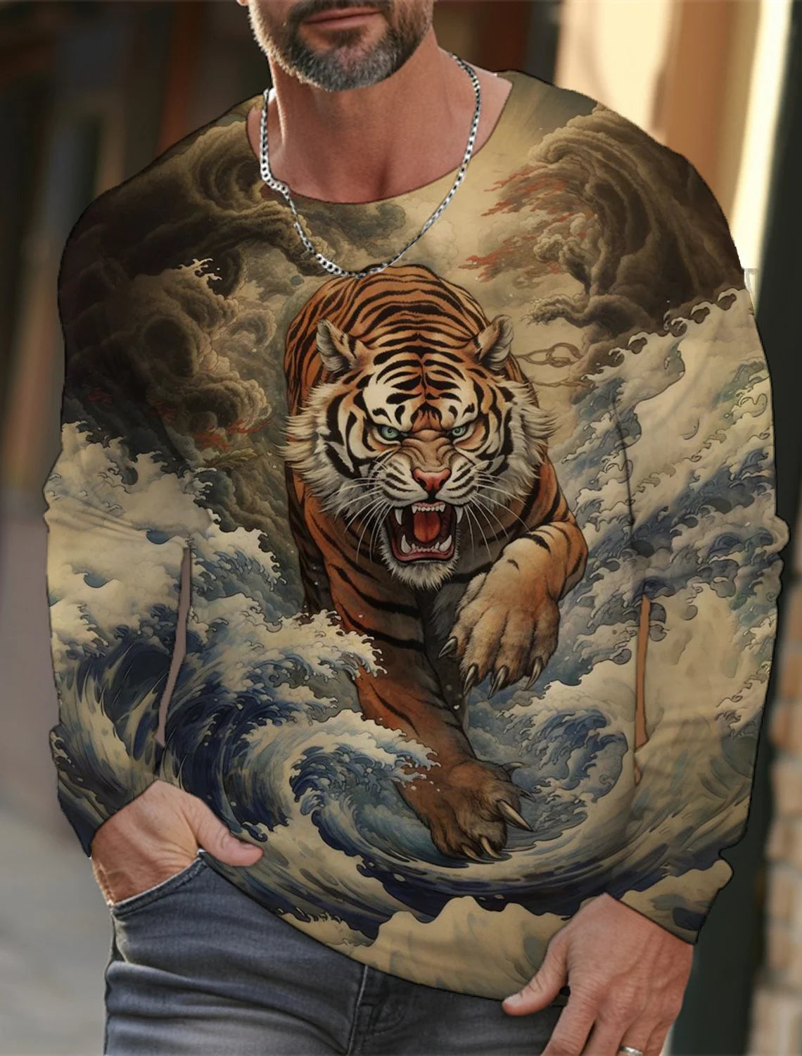 2024 new men's Ukiyoe long-sleeved T-shirt 3D printed high-definition tiger print men's autumn tops casual round neck T-shirt