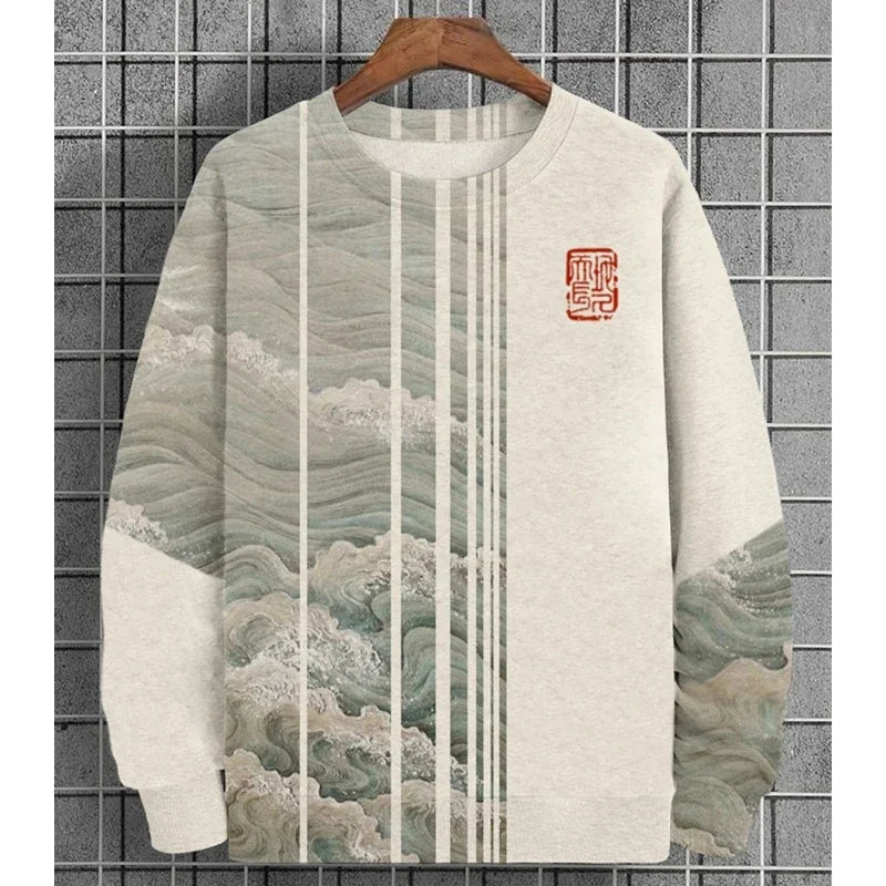 3D Printed Ukiyoe Men's Sweatshirt Autumn Oversized Hoodie Men's Long Sleeve T-shirt Tops Loose Casual Oversized Men's Clothing