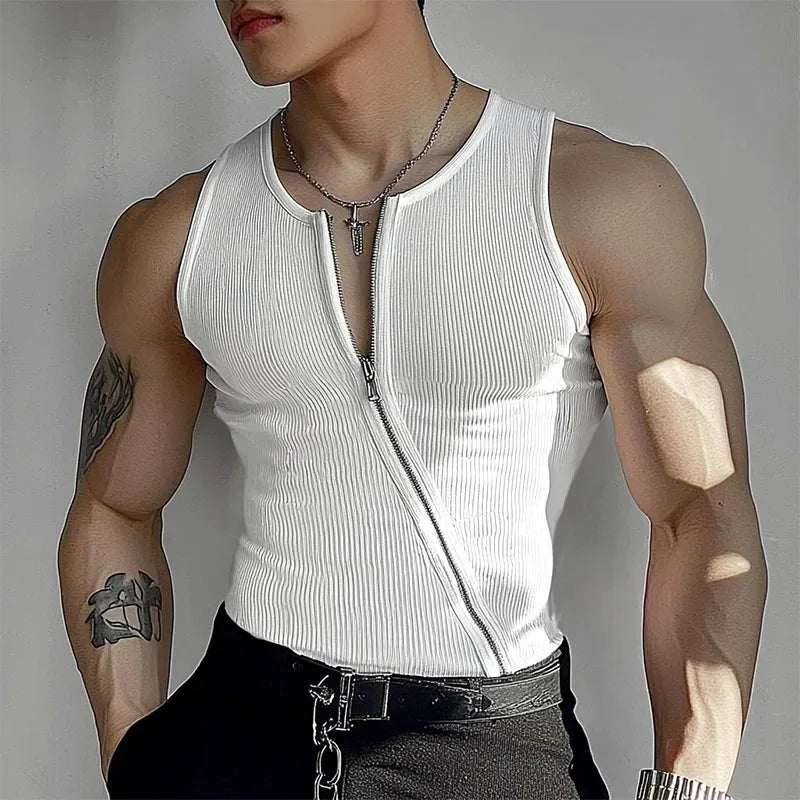 Men's Casual Y2K Ribbed Tank Tops Diagonal Zipper Vest Slim Fit Muscle Gym Sleeveless T-shirts Bodybuilding Workout Tank for Men