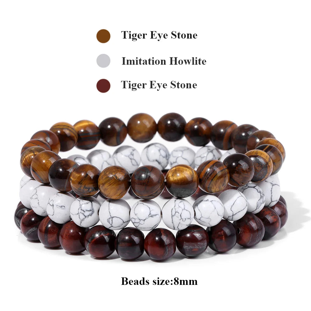 3Pcs/set 8mm Natural Stone Beads Bracelet Set Pink Zebra Rhodonite Moonstone Agates Hematite Bracelets For Women Men Jewelry