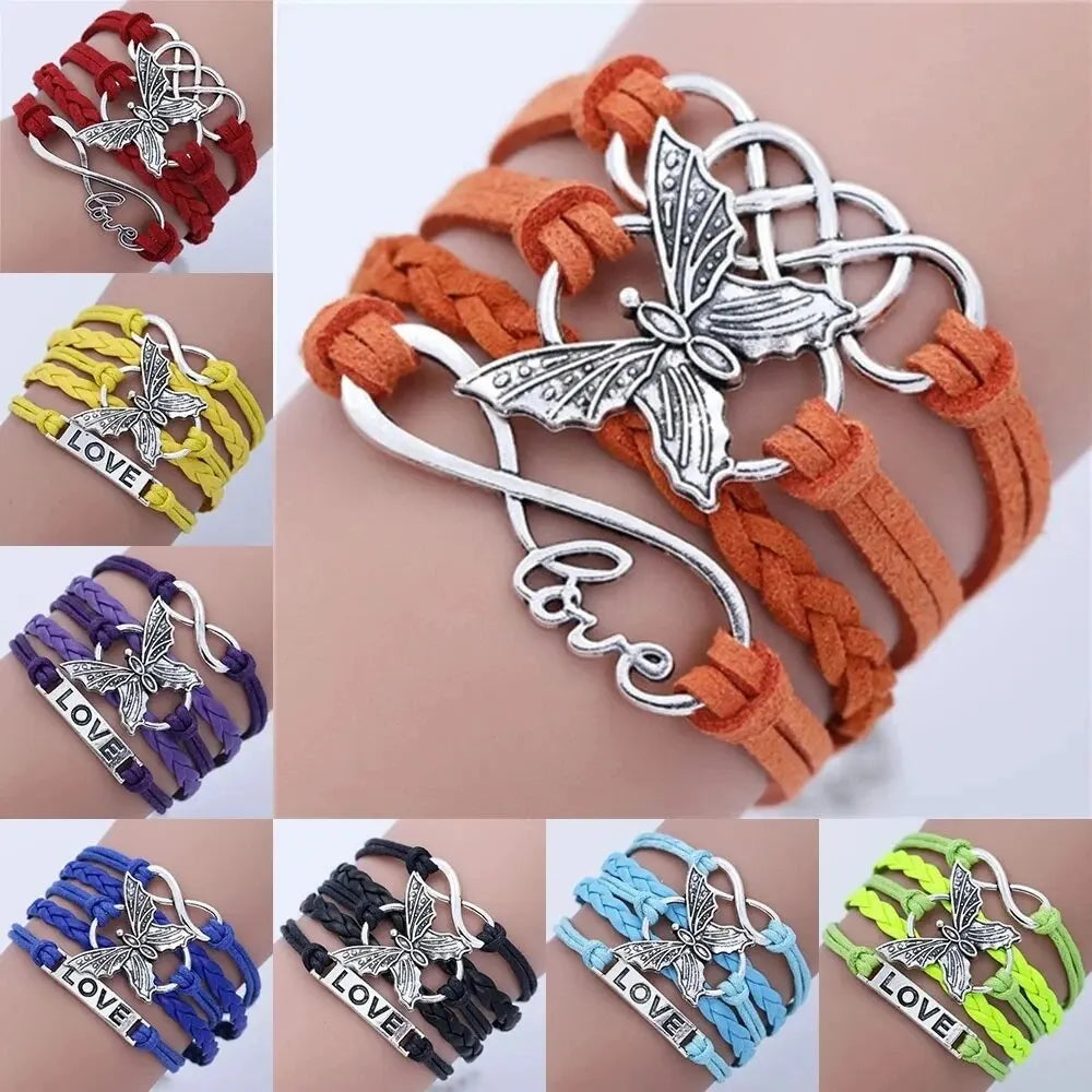 Vintage Handmade Multilayer Leather Bracelet With Letter Love And Butterfly For Men And Women(Color: Multicolor)