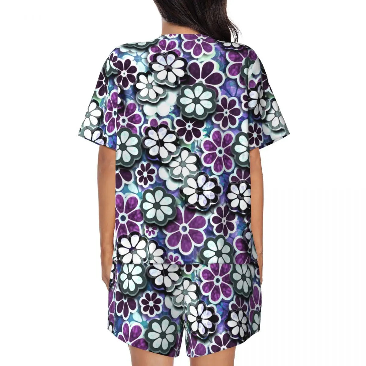 Flower Power Pajamas Spring 2 Pieces Purple Hippie Cute Pajama Sets Lady Short Sleeve O Neck Casual Custom Nightwear