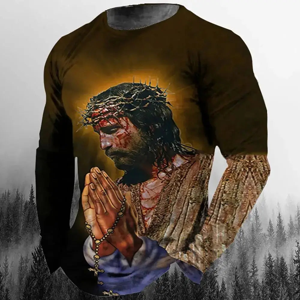 Fashion Casual Men's Long Sleeve T-Shirt 3d Printed Retro Jesus Christ Street Personality Loose O Collar Harajuku Oversized Top