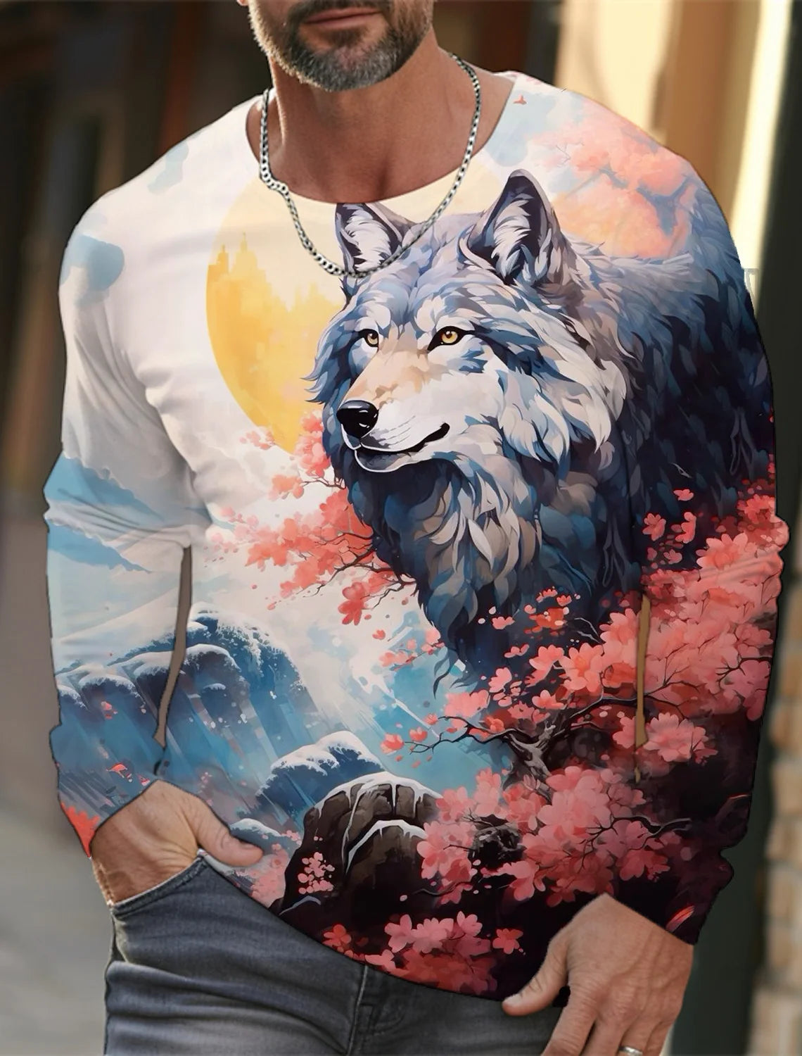 2024 new men's Ukiyoe long-sleeved T-shirt 3d printed high-definition wolf print men's autumn top casual round neck T-shirt