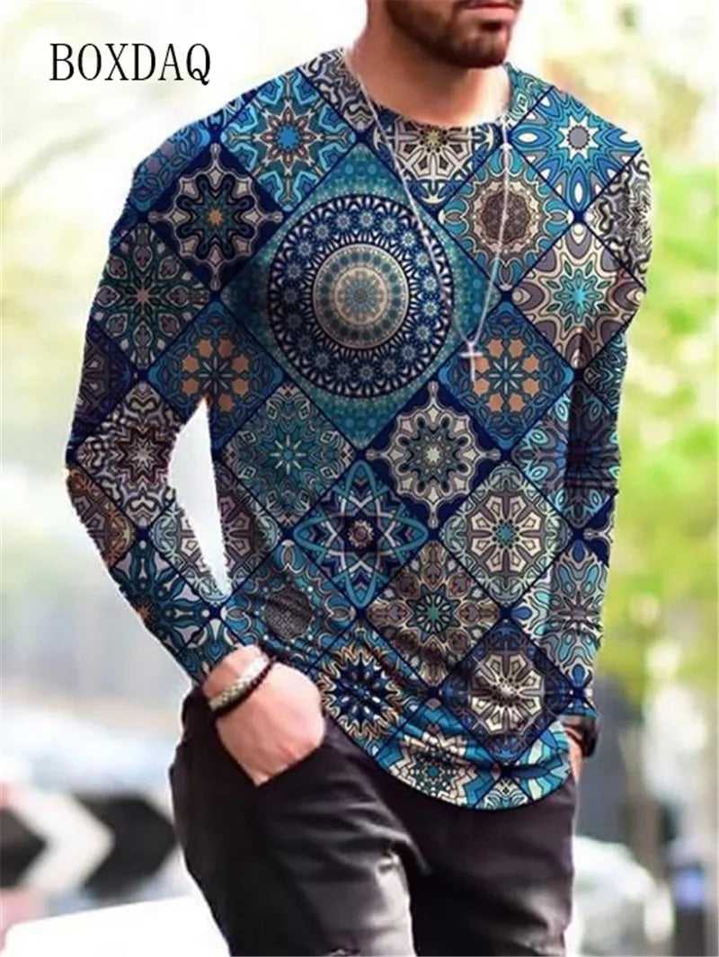 Long Sleeve Vintage Style Men's T-shirts Spring Autumn 3D Print Street Oversized Tops 6XL Plus Size Loose Casual Round-Neck Tee