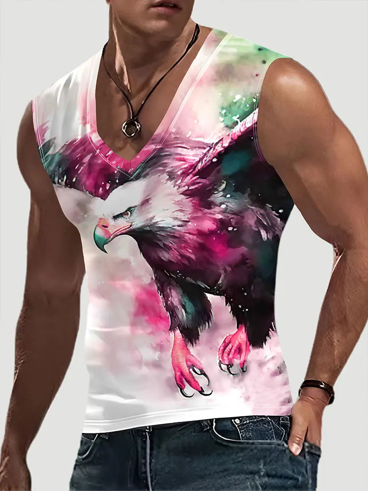 2024 New Summer Everyday Street Men's Tank Top Outdoor Beach Casual Men's Sleeveless T-shirt Eagle Print Men's V-neck Tank Top