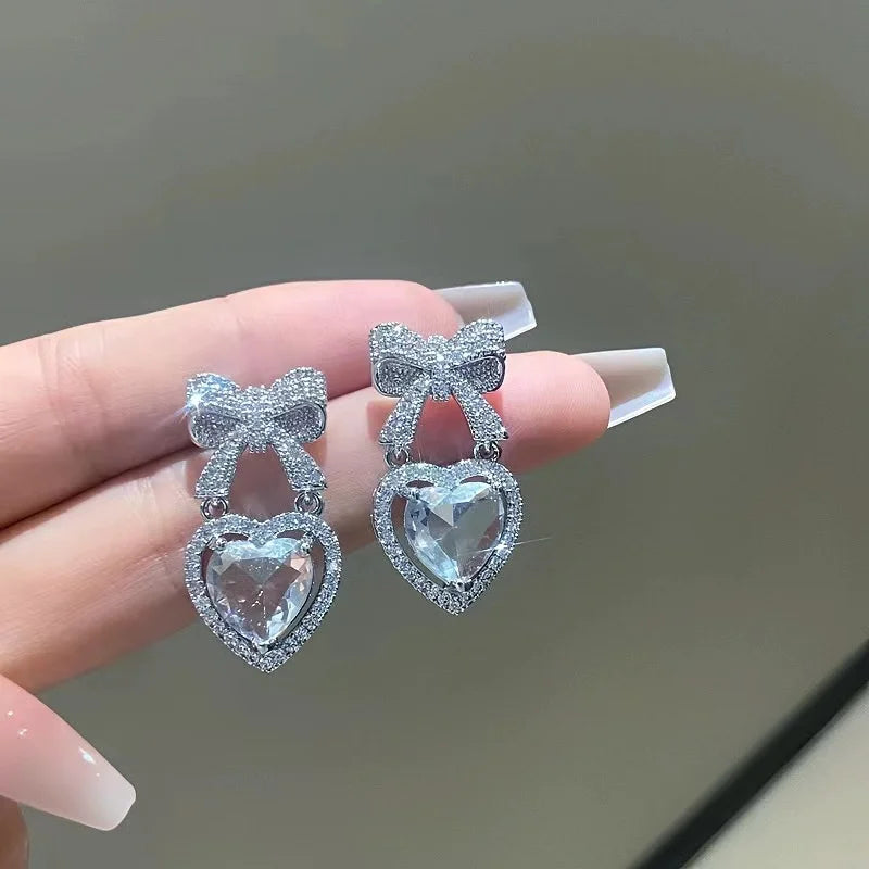 Exquisite Pink Heart Shape Bowknot Stud Earrings For Women Shining CZ Zircon