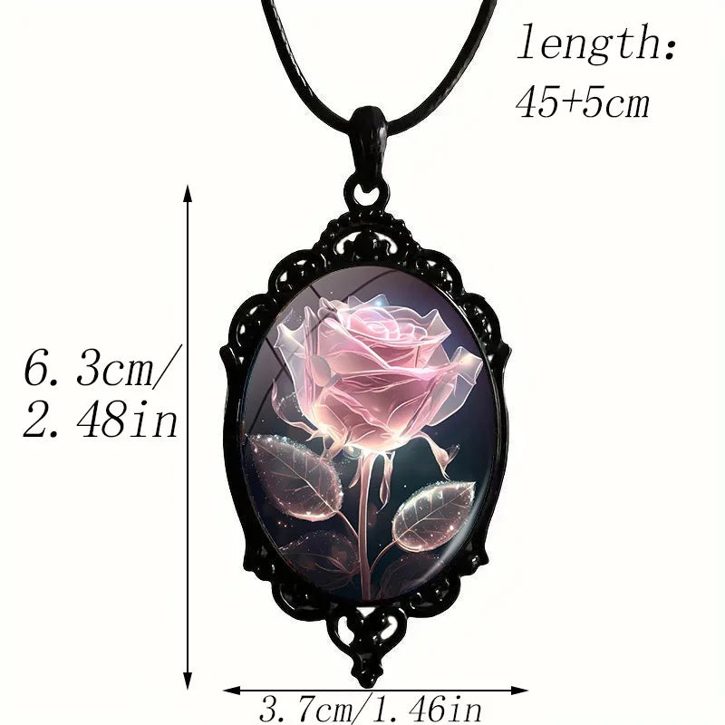 Charm Pink Flower Pendant Necklace Rose Pattern Glass Ellipse - A niche style suitable for Romantic Gifts and Special Occasions