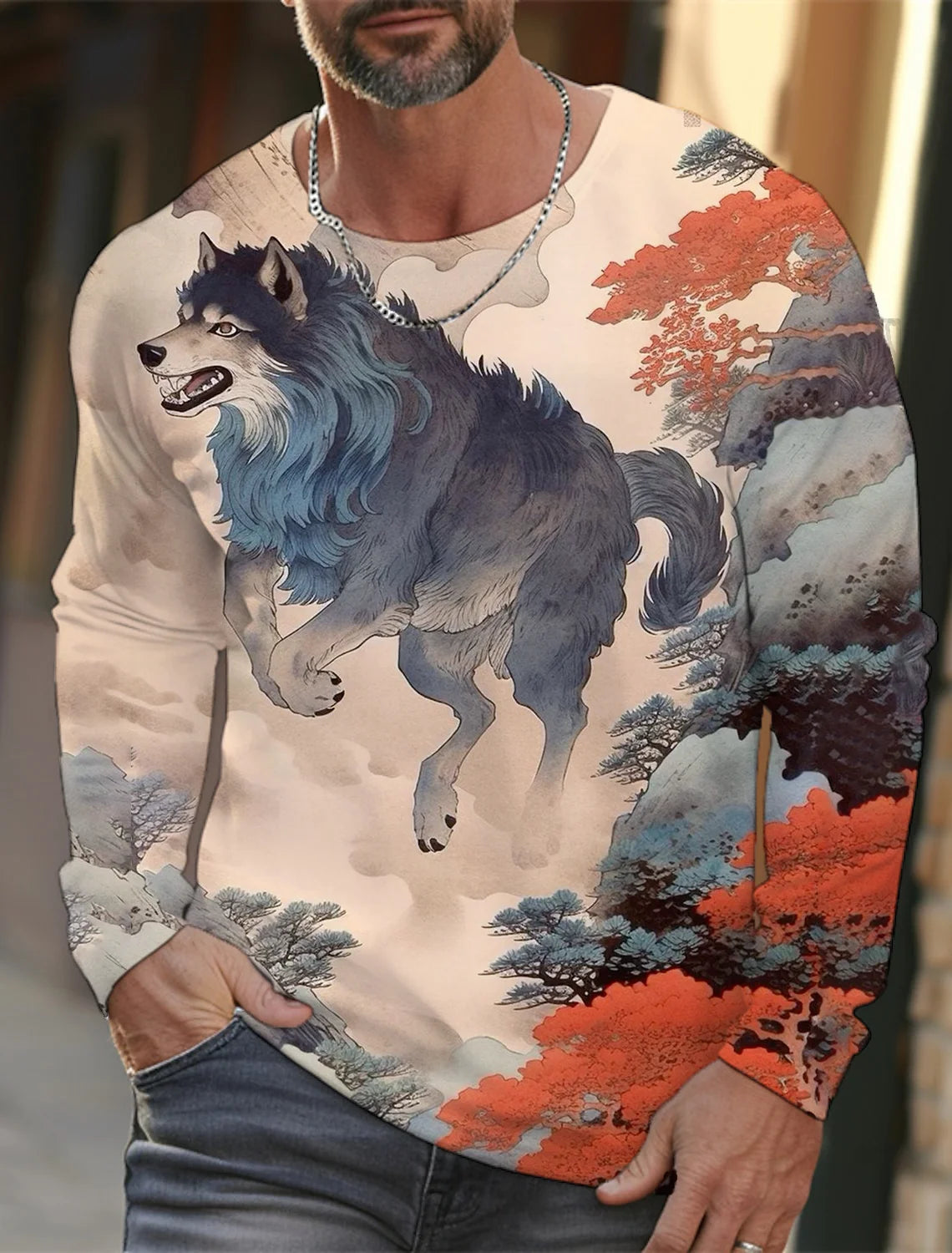 2024 new men's Ukiyoe long-sleeved T-shirt 3d printed high-definition wolf print men's autumn top casual round neck T-shirt