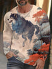 2024 new men's Ukiyoe long-sleeved T-shirt 3d printed high-definition wolf print men's autumn top casual round neck T-shirt