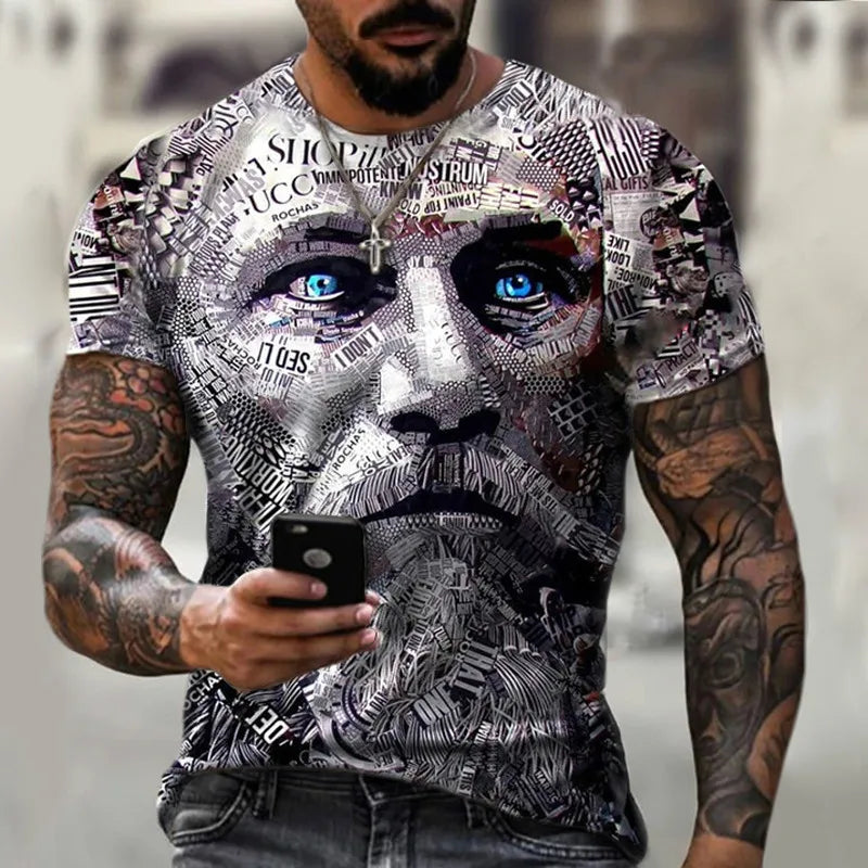 Men's short sleeved T-shirt, 3D digital printed T-shirt, head pattern, outdoor sports, fitness, new design large size 2024