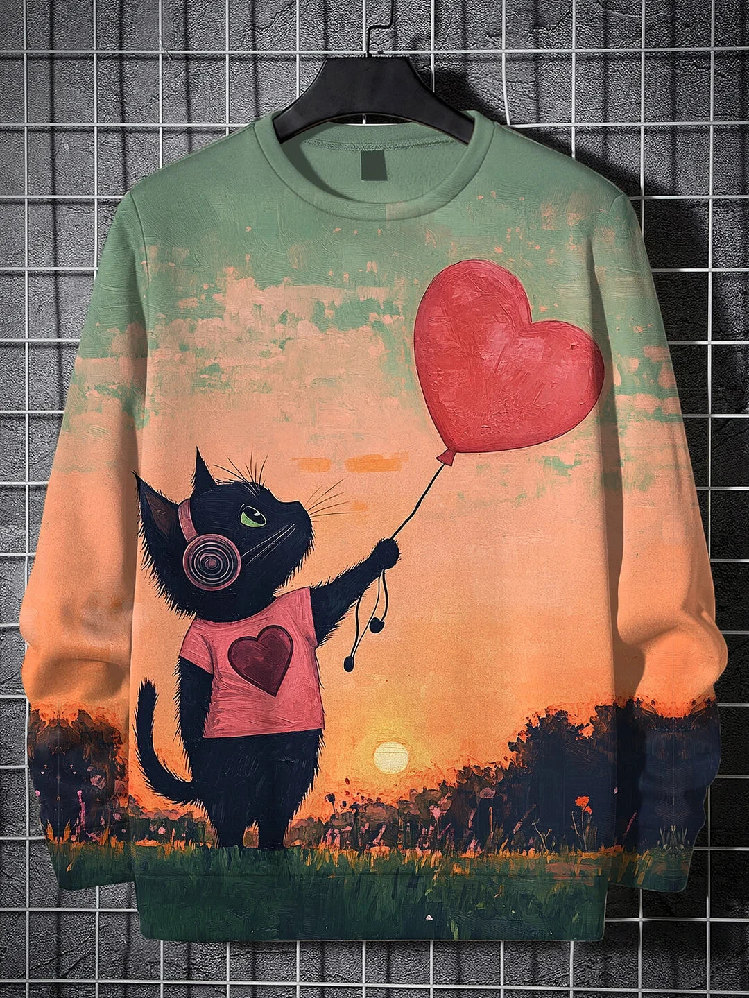 Men's Winter Skiing Animal Kitten Printed Casual Sweatshirt Fashion Round Neck Pullover Sweatshirt Polyester Fabric 2025 New