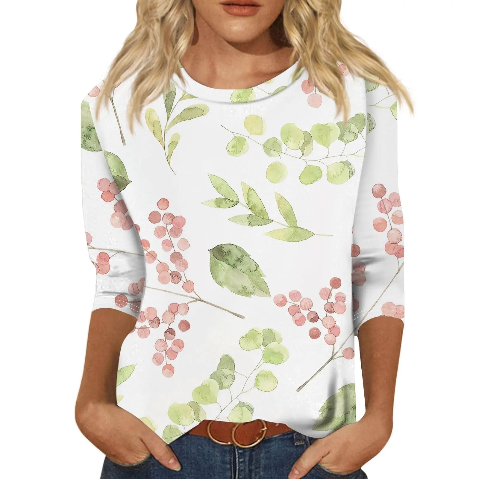 2025 New Women's Flower Fashion Print Long Sleeve T-shirt Sports Leisure Cute Polyester Ultra-thin Round Neck Long Sleeve