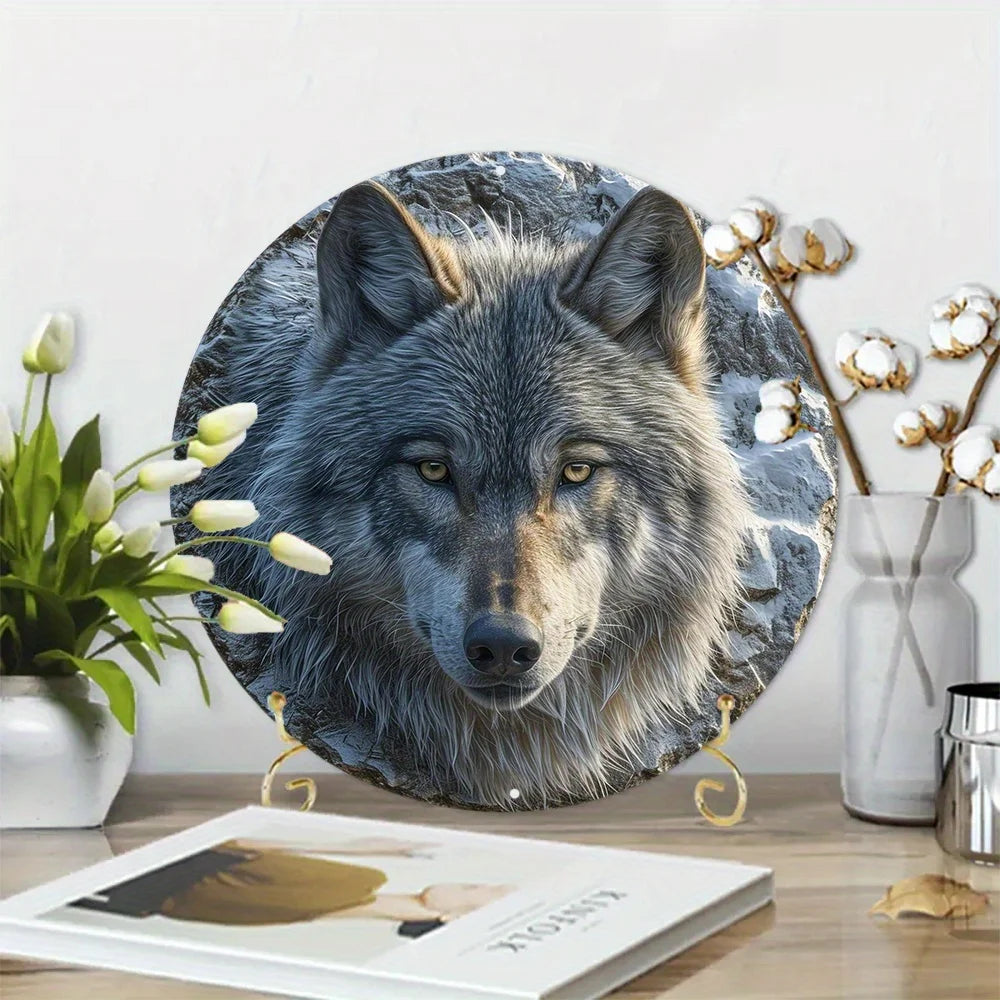 Faux Embossing Painted Round North American Gray Wolf