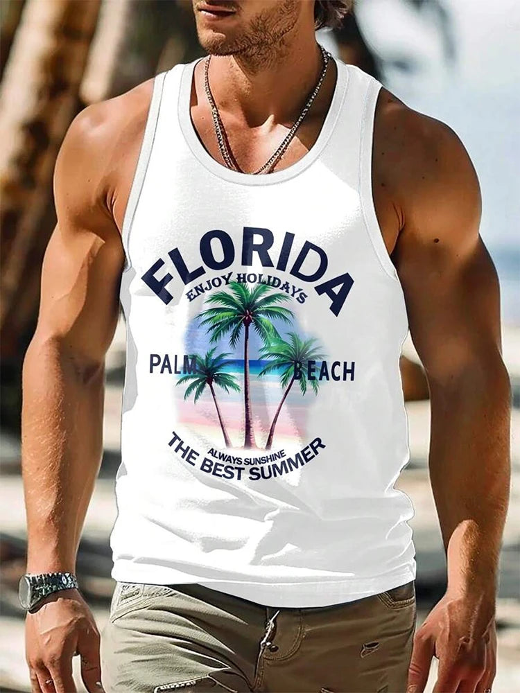 2024 New Summer Casual Men's Sleeveless T-shirt Hawaiian Style Men's Fashion Crew Neck Tank Top Outdoor Beach Men's Tank Top
