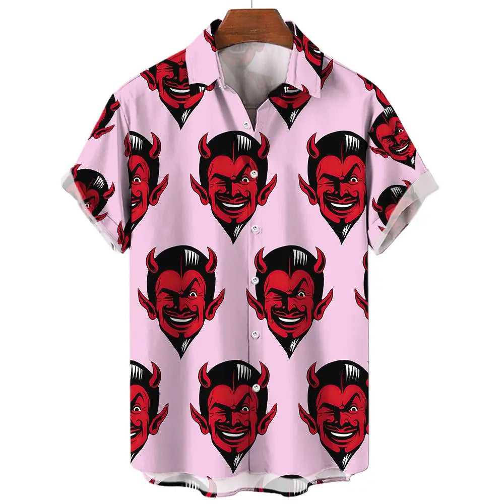 Summer Mens Hawaiian Casual Collar Shirts Short Sleeve Button Skeleton Demon Print Beach Floral Fashion Vintage Clothing XS-5XL