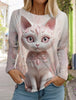 2024 Autumn and Winter Women's Long Sleeve 3D Printed Kitten Cute Print T-Shirt Women's Streetwear Round Neck Long Sleeve