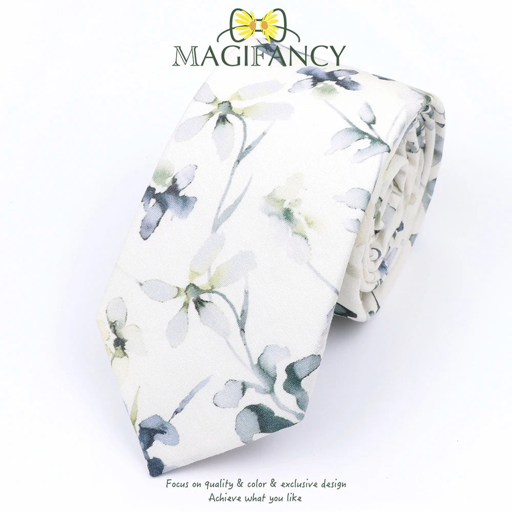 Top Hot Print Floral 6.5cm Necktie 100% Cotton Elegant Beige Sage Pink Men Wedding Party Daily Suit Shirt Cravat Gift Accessory