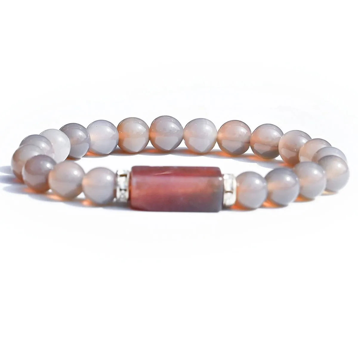 Natural Stone Bracelet: Featuring Rectangular Rose Quartz Plaques, Round Beads, Agate, Obsidian, and Raw Amazonite