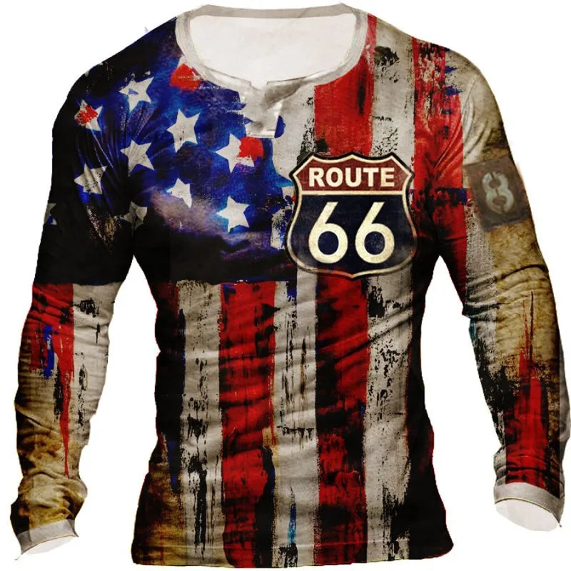 2024 Men's T-shirts Long Sleeve 3d Print Top Casual Cotton Vintage T Shirt Vintage Route 66 Tee Loose Sports O-neck Clothing 5xl