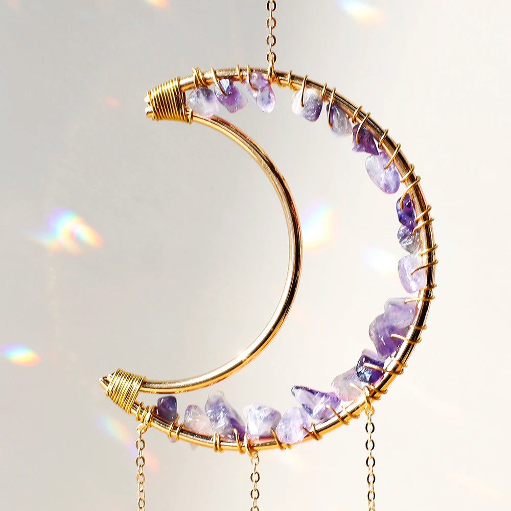 Amethyst Suncatcher Moon Crystal Gemstone Windchime Sun Catcher Home Decor Rainbow Crystal Window Yard Garden Decoration Outdoor