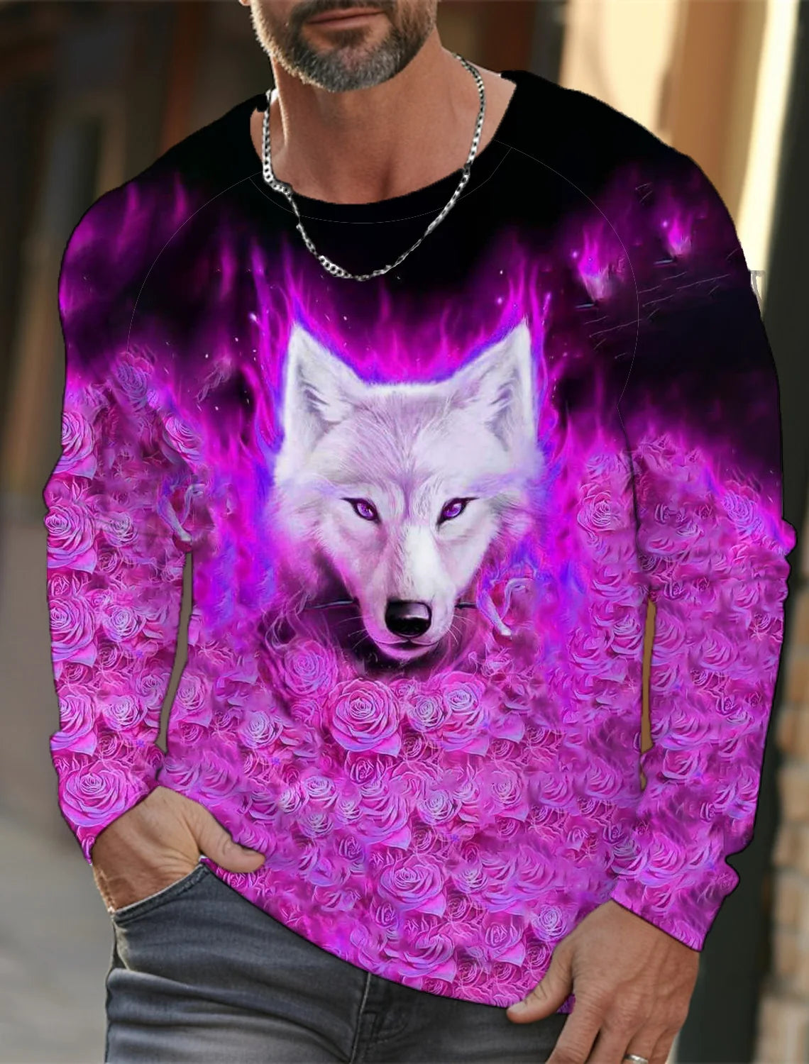 2024 Men's Summer Long Sleeve 3d Printed Wolf Print T-Shirt Tops Men Streetwear Clothing Round Neck Graphic Long Sleeve T-Shirt