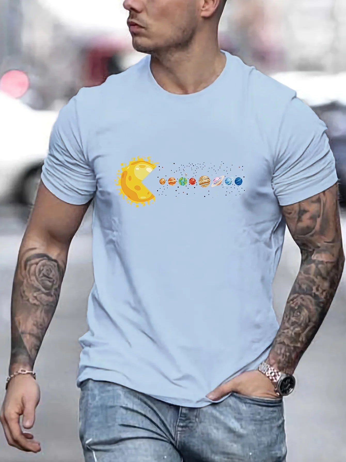 Solar System Planets Print Tees For Men, Casual Quick Drying Breathable T-Shirt, Short Sleeve T-shirt For Running Training