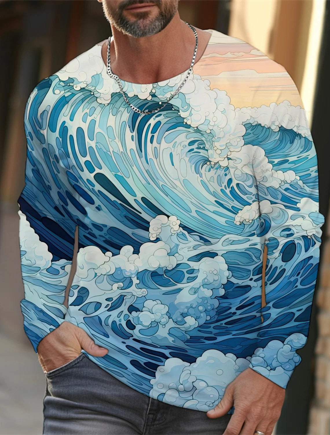 2024 new men's Ukiyoe long-sleeved T-shirt 3D printing high-definition wave cat printing men's autumn casual round neck top