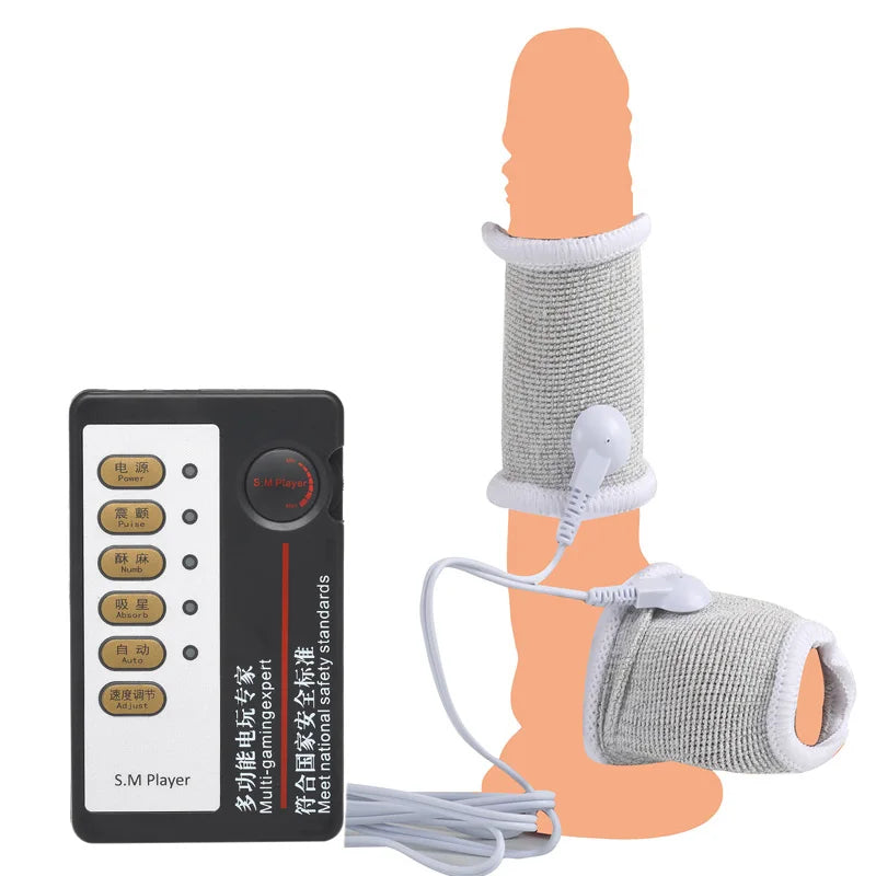 BDSM Electro Shock Conductive Fiber Penis Sleeve E-stim Scrotum Rings Electric Play Cock Therapy Enlargement Male Sex Products