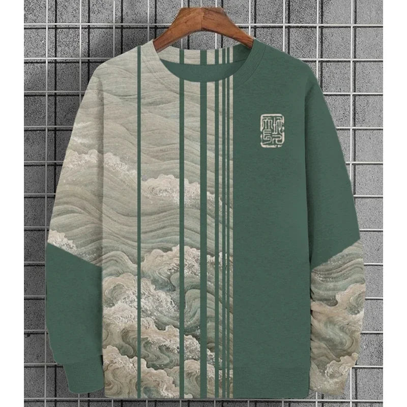 3D Printed Ukiyoe Men's Sweatshirt Autumn Oversized Hoodie Men's Long Sleeve T-shirt Tops Loose Casual Oversized Men's Clothing