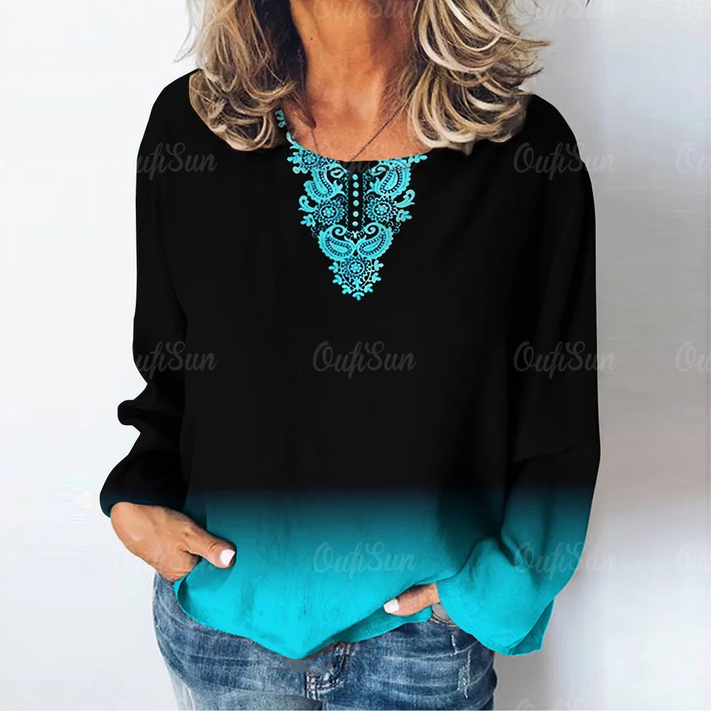 Women's Retro Geometric Pattern Long Sleeve T-Shirt Ladies Top Loose Casual Pullover Gradient Ladies Round Neck Long Sleeve