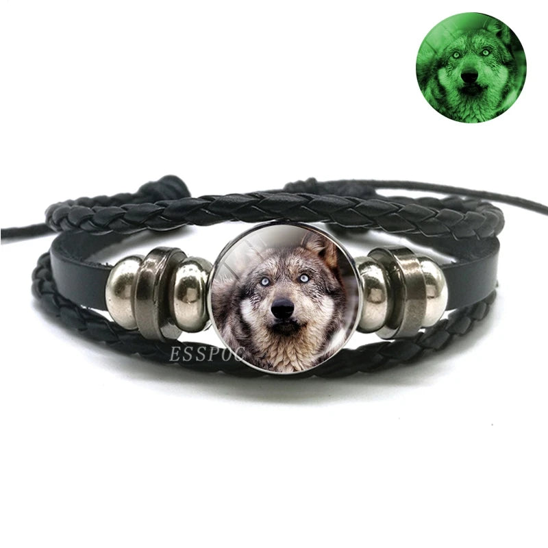 Glow In The Dark Wolf Head Bracelet Multilayer Leather Bracelet Charm Women Men Fashion Luminous Bracelets Wolf Jewelry