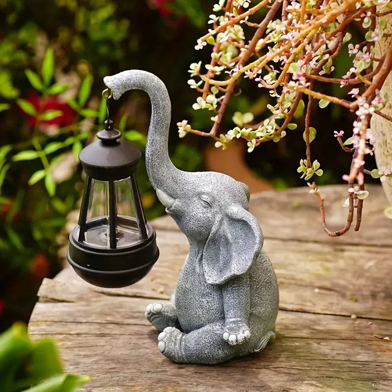 1 PC Elephant Solar Garden Statues, Resin Elephant Figurine Decorations with Solar Lights Lantern, Outdoor Elephant Decor Art fo