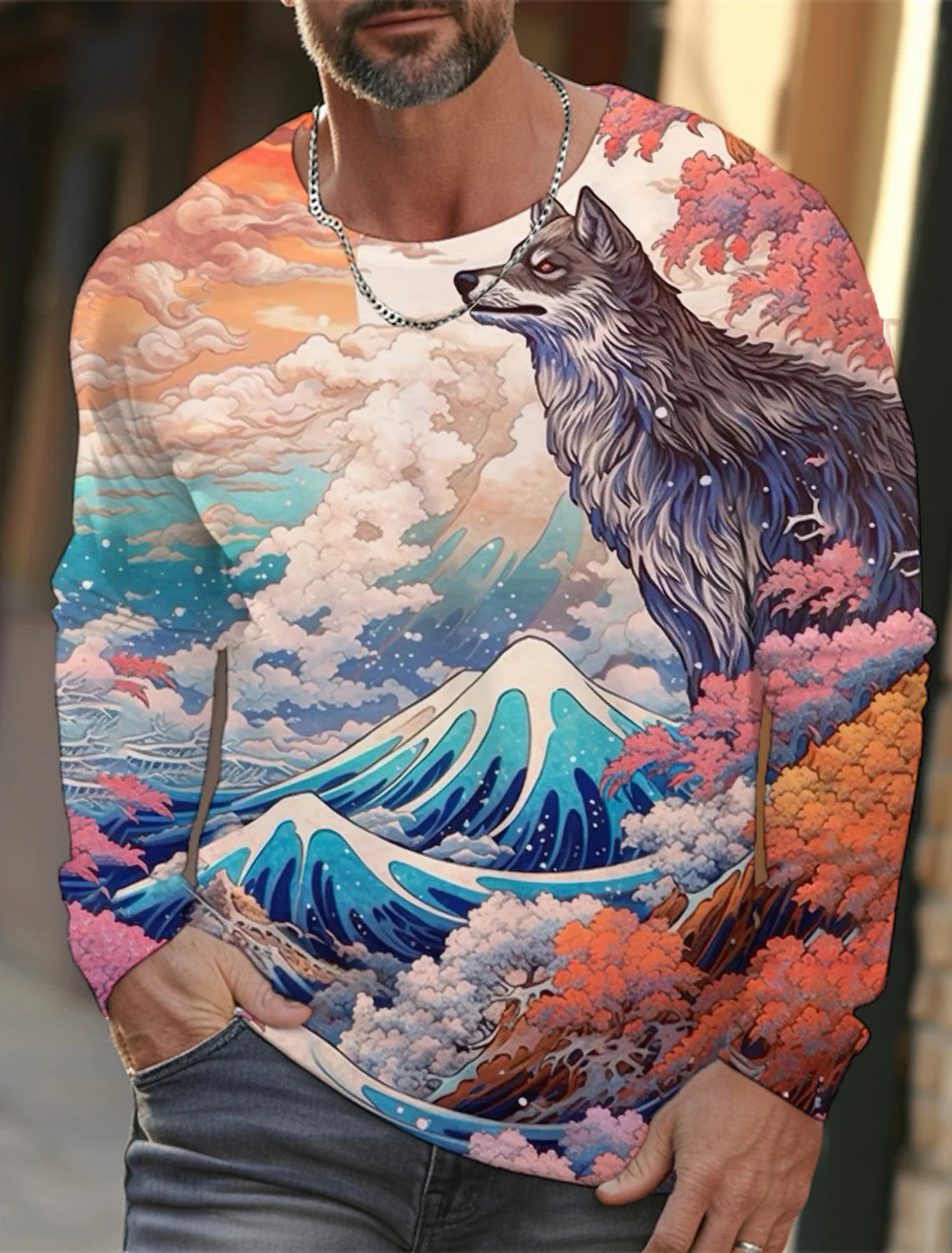 2024 new men's Ukiyoe long-sleeved T-shirt 3d printed high-definition wolf print men's autumn top casual round neck T-shirt