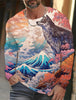 2024 new men's Ukiyoe long-sleeved T-shirt 3d printed high-definition wolf print men's autumn top casual round neck T-shirt