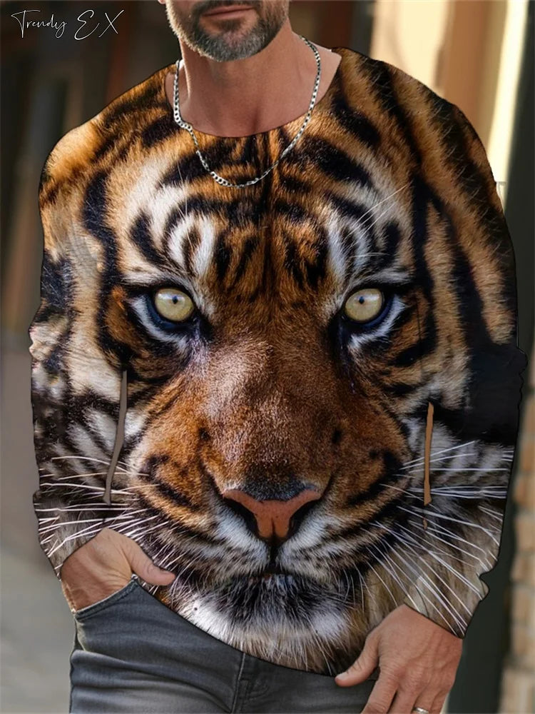 Men's T-Shirts 3D Tiger Print Streetwear Harajuku Fashion O-Neck Graphic T Shirts Tops Casual Sport Long Sleeve Gym Clothing Men