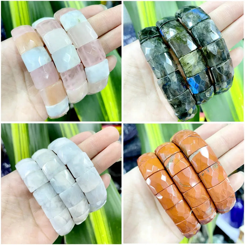 2024 New Natural Stone Lapis Lazuli Amazon Tiger Eye Agate Morgan Faced Square Elastic Bracelet for Men and Women Charm Jewelry