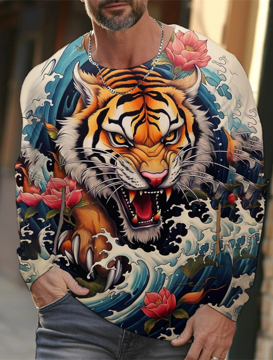 2024 new men's Ukiyoe long-sleeved T-shirt 3D printed high-definition tiger print men's autumn tops casual round neck T-shirt