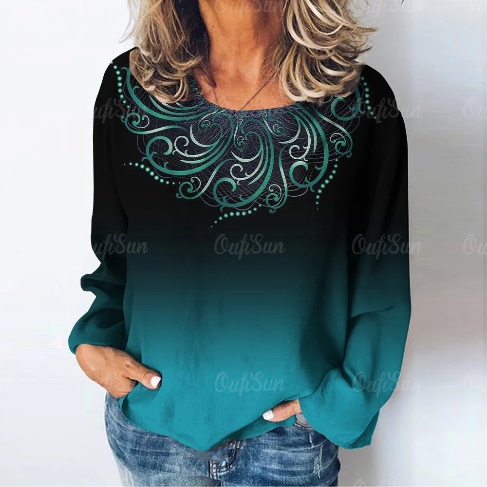 Women's Retro Geometric Pattern Long Sleeve T-Shirt Ladies Top Loose Casual Pullover Gradient Ladies Round Neck Long Sleeve